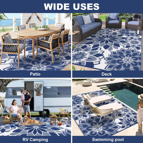 LOKHOM outdoor rug corner loops securement with pegs in grassy area.