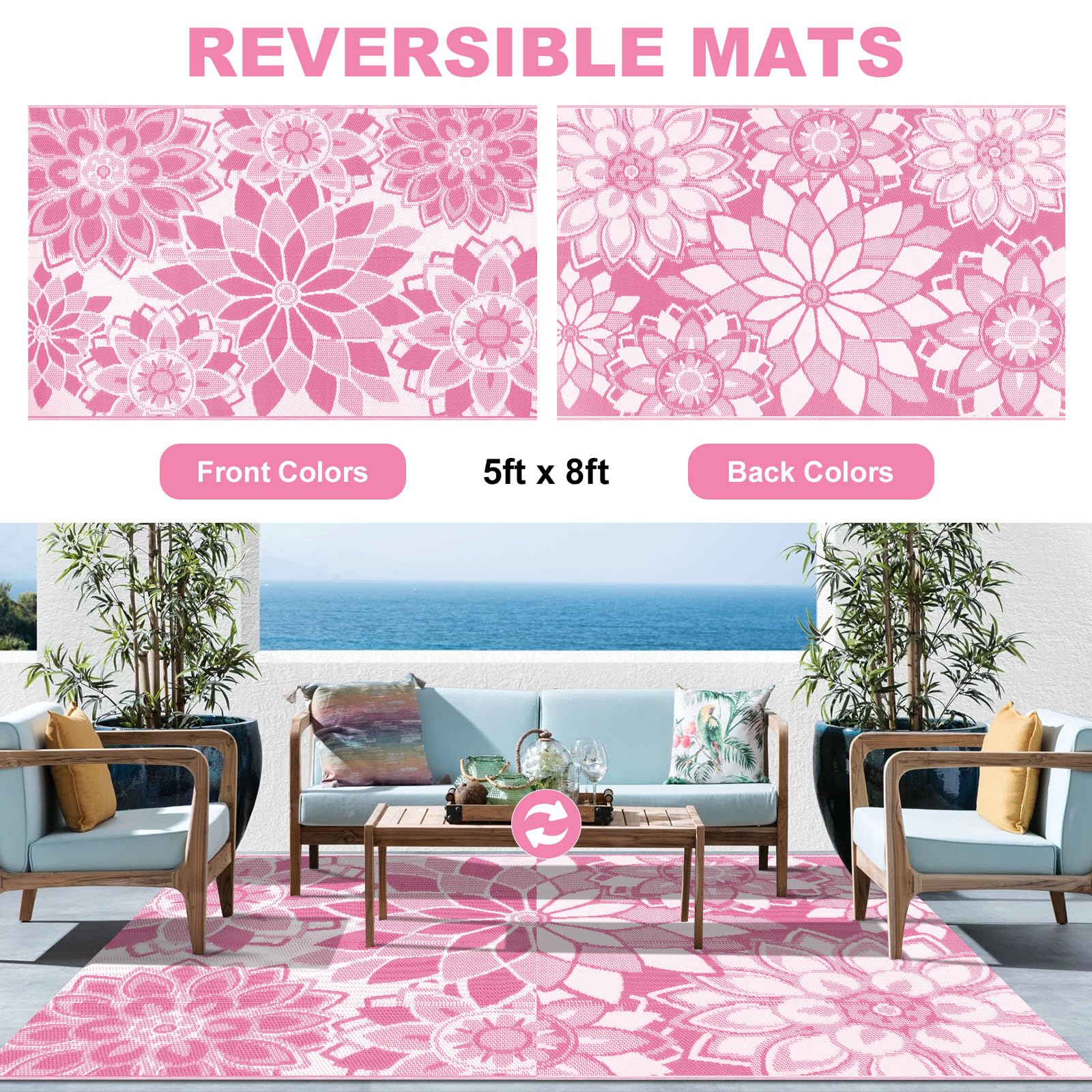 LOKHOM floral pink and white rug adds color to outdoor spaces