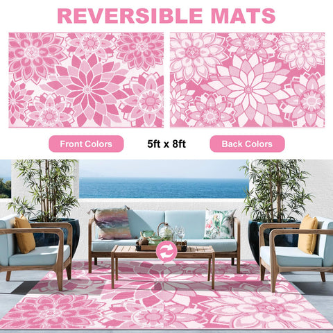 LOKHOM floral pink and white rug adds color to outdoor spaces