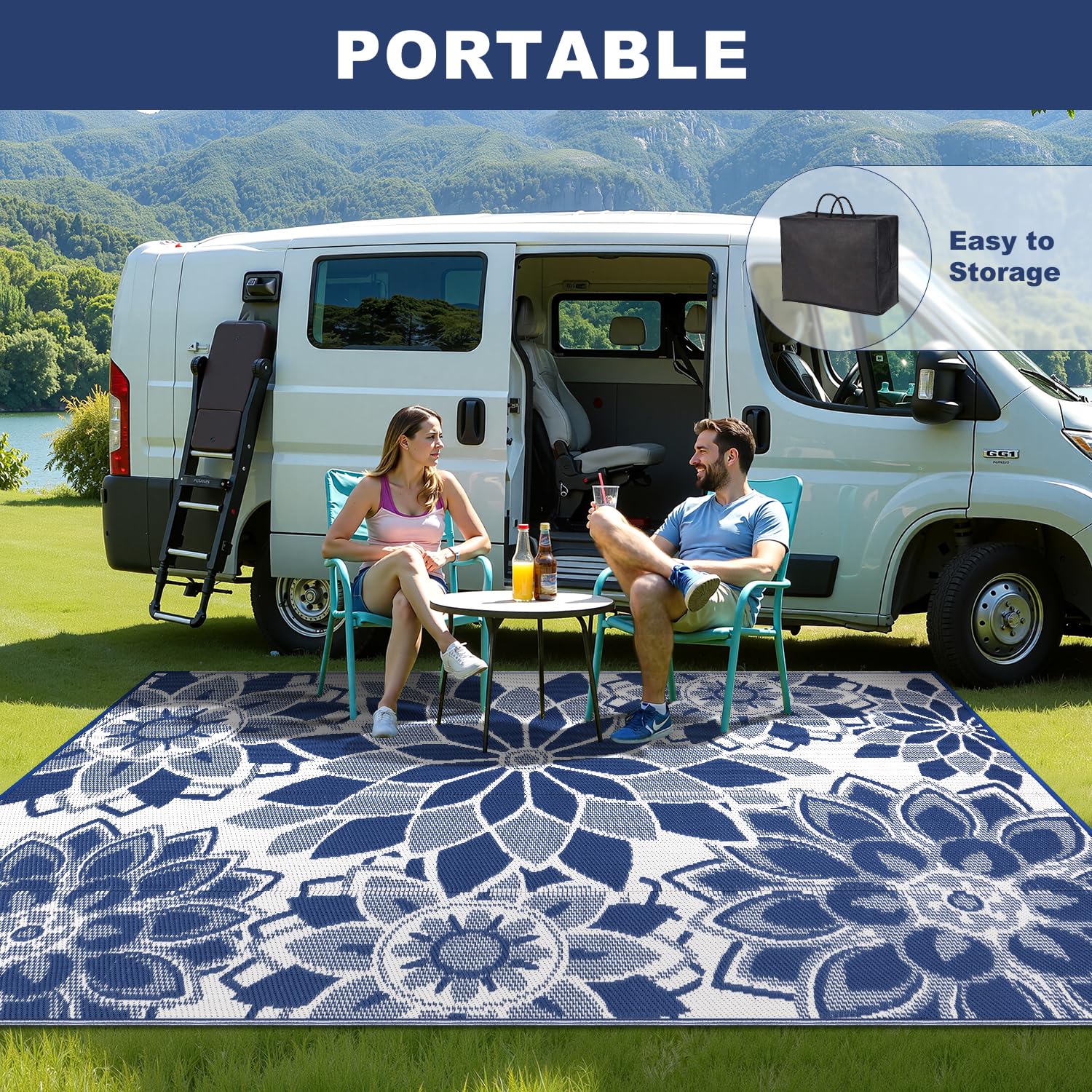 LOKHOM outdoor rug versatile spaces patio deck balcony and beach scene.