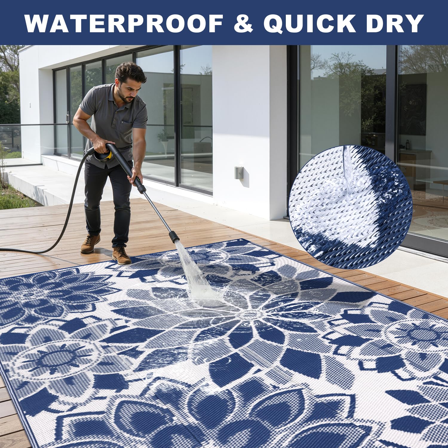 LOKHOM outdoor rug portable carrying bag flat lay demonstrates travel-ready design.