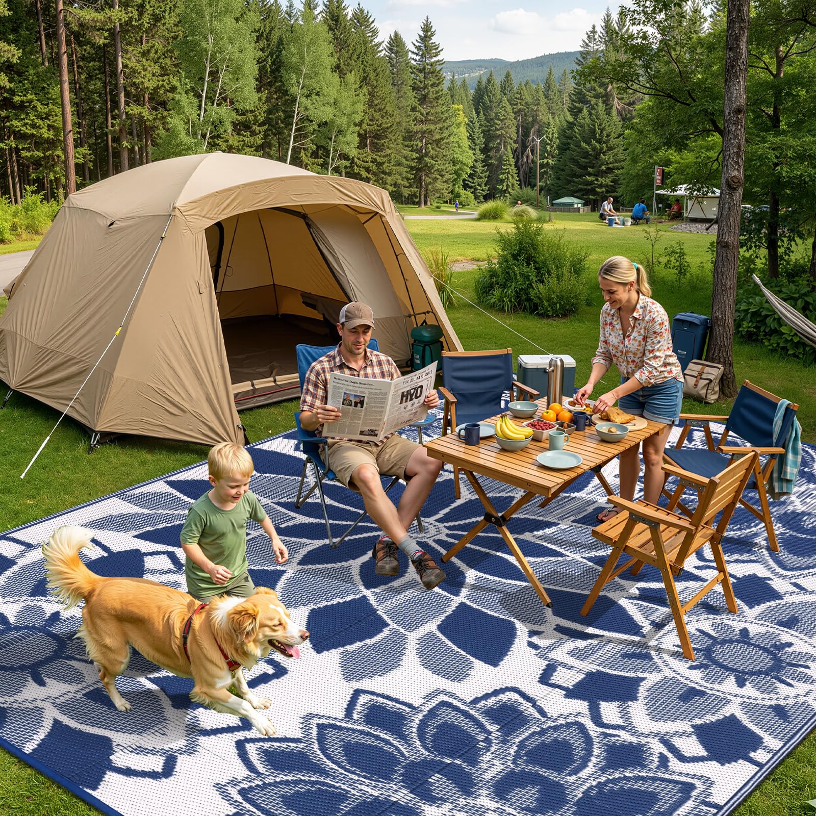 LOKHOM outdoor rug reversible design close-up shows dual-sided weave enhancing durability.