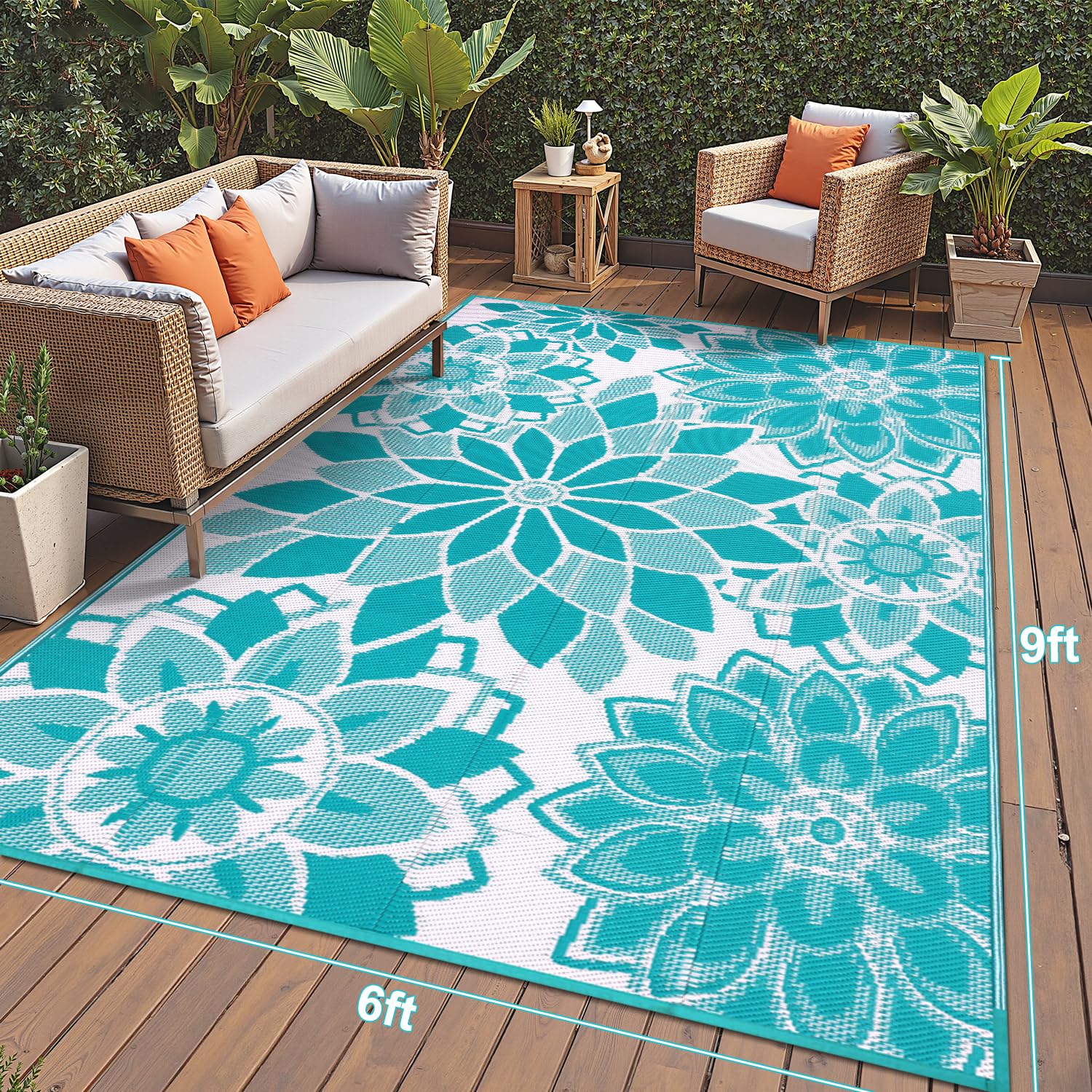 LOKHOM reversible teal and white rug adds versatile styling for outdoor spaces