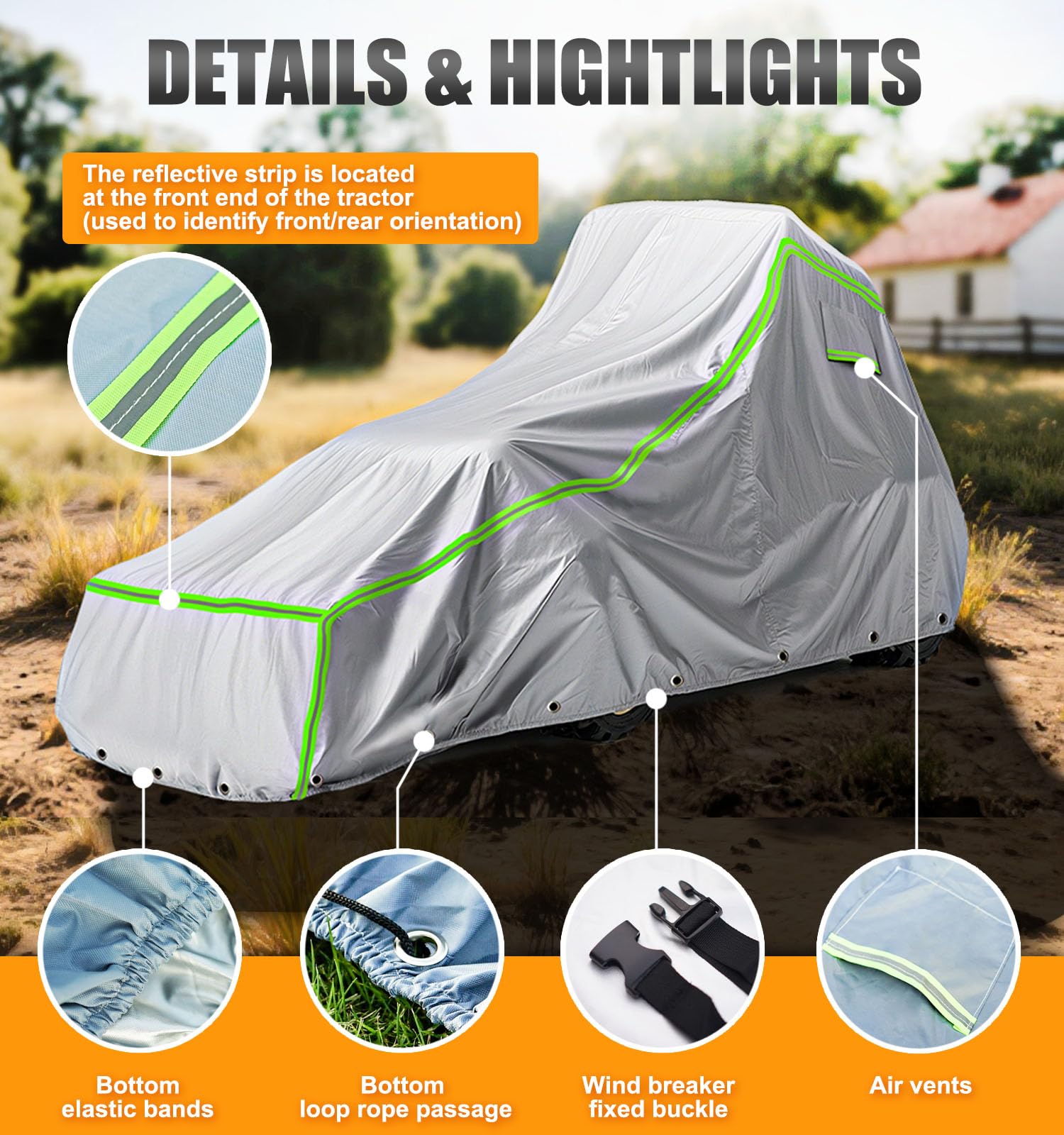 LOKISBEAURY tractor cover demonstrates elastic hem, rings, and rope for secure anchoring.