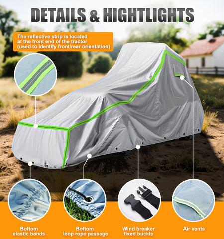 LOKISBEAURY tractor cover demonstrates elastic hem, rings, and rope for secure anchoring.