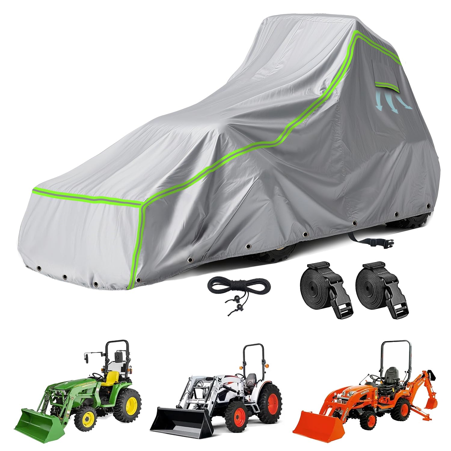 LOKISBEAURY tractor cover front view showing universal fit for John Deere, Kubota, and New Holland.