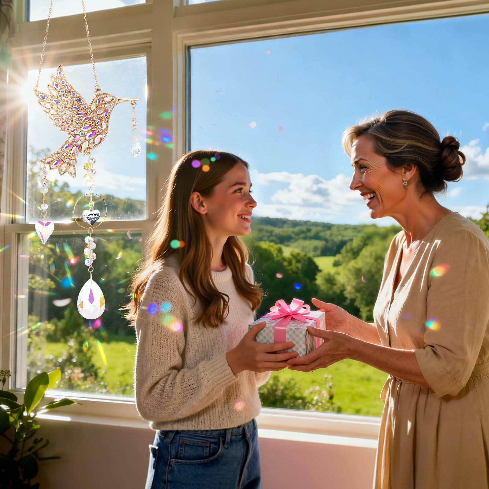 Lokoz hummingbird suncatcher crystal with rainbow colors by window