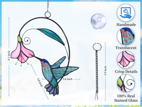 Lolitarcrafts stained-glass hummingbird close-up highlights craftsmanship and vibrant hues