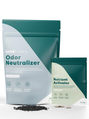 Lomi pods and activated charcoal pack for odor control in the kitchen.