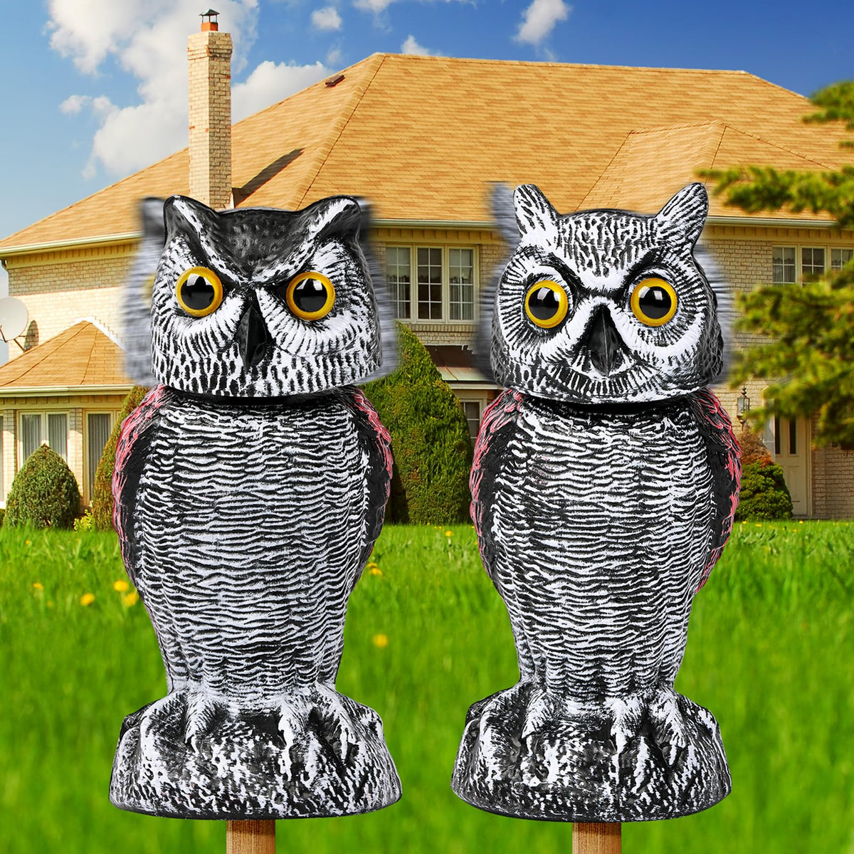 Lomrsiul owl decoy with rotating head deters birds from your garden