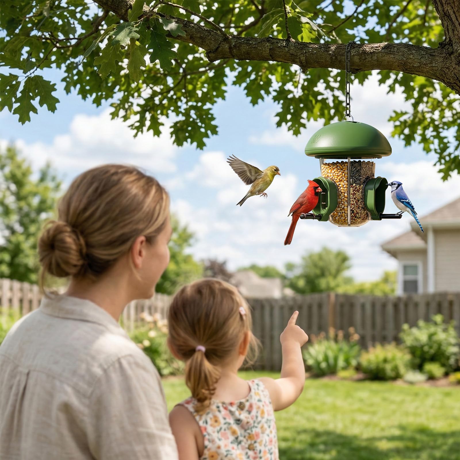 LO NA LOVE NATURE LONA three-chamber bird feeder supports mixed seeds for diverse birds.
