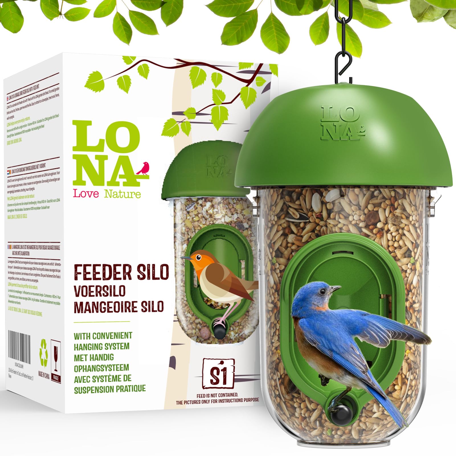 LO NA LOVE NATURE LONA tube feeder outdoors shows weatherproof durability for year-round feeding