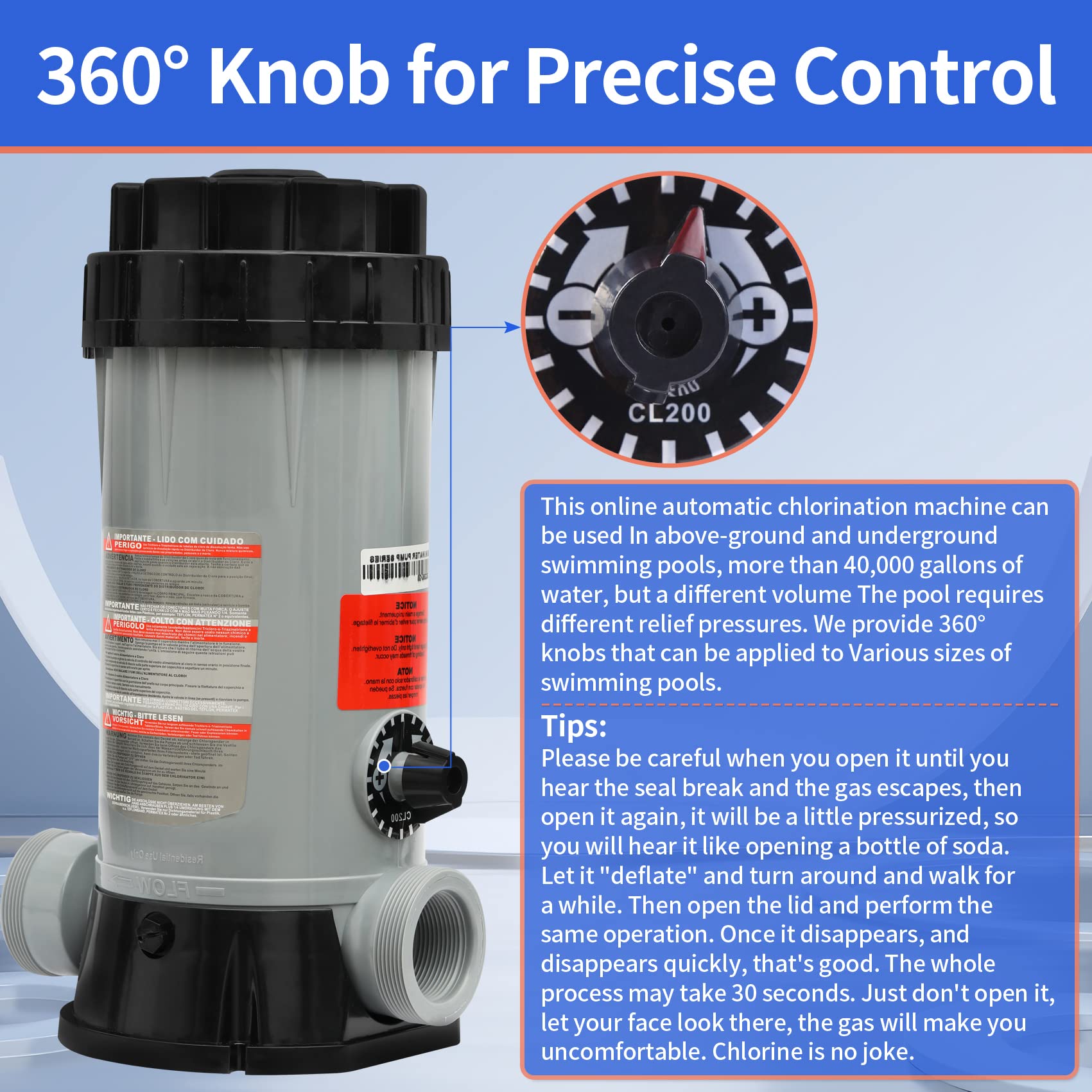 LONGADS ABS-material chlorinator body demonstrates durable construction for outdoor pools.