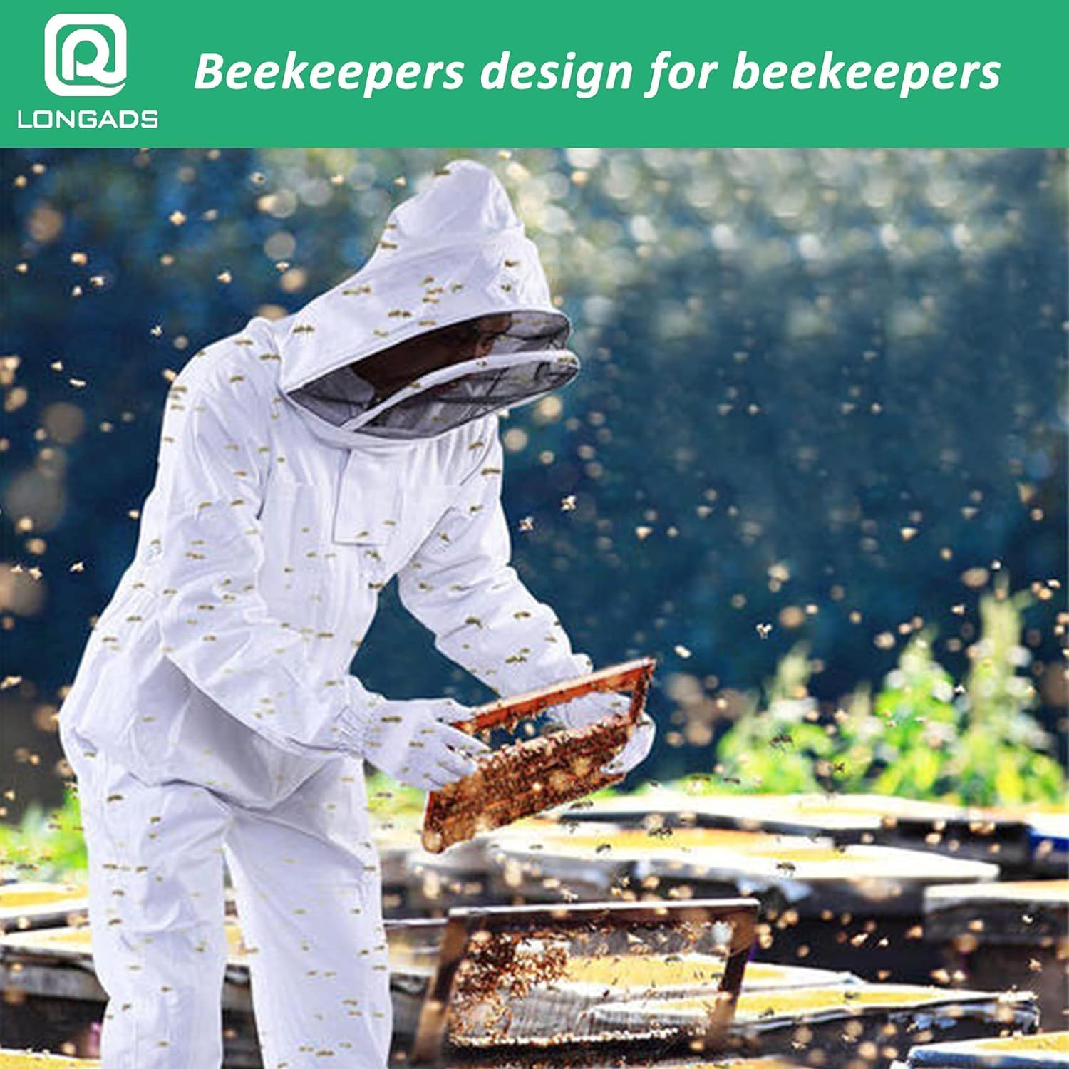 LONGADS kid-friendly bee suit in a backyard honey harvest setting