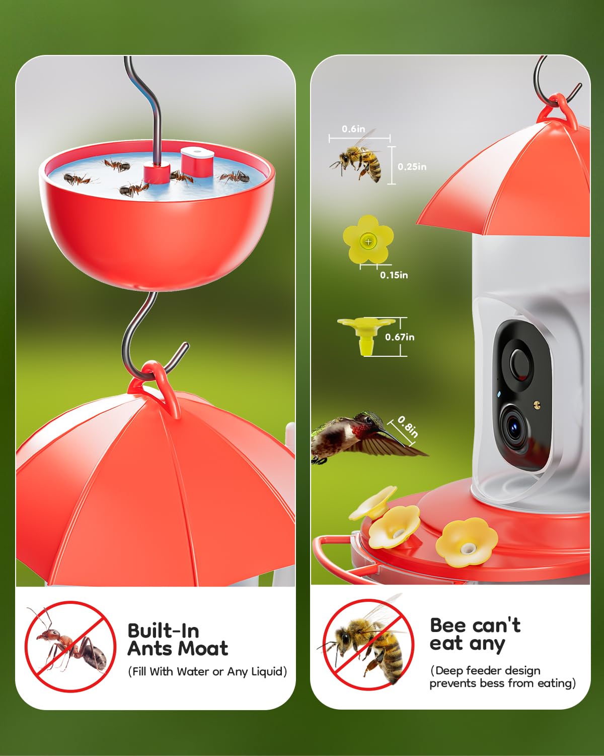 Three-port feeding design for multiple hummingbirds at once.