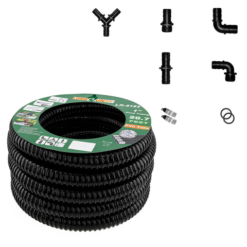 LONGRUNNEW 1inch corrugated pond hose closeup shows flexible, kink-resistant flow in action