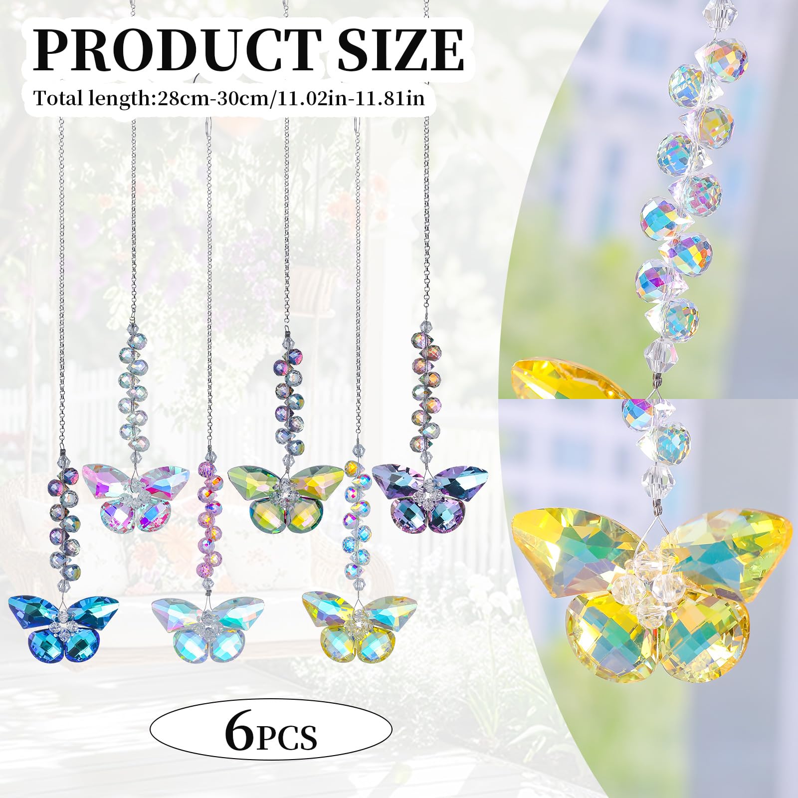 Longsheng crystal butterfly suncatcher displaying colorful prisms in garden light.