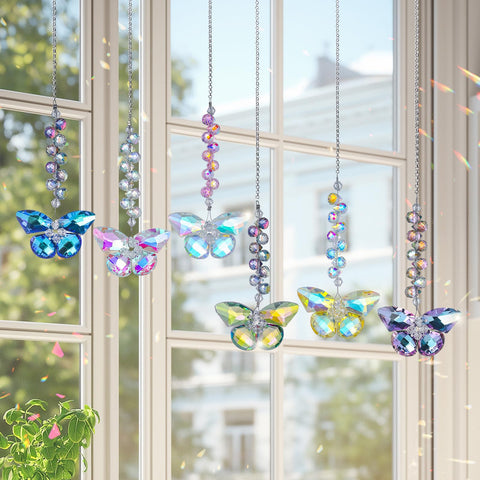 Longsheng crystal butterfly suncatcher brightening Christmas tree with prism light.