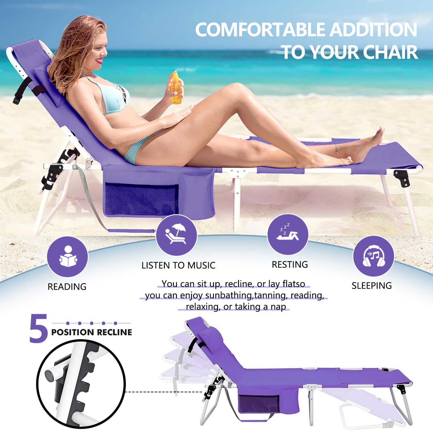 LONGTENW portable beach chair with straps and handles for easy transport.