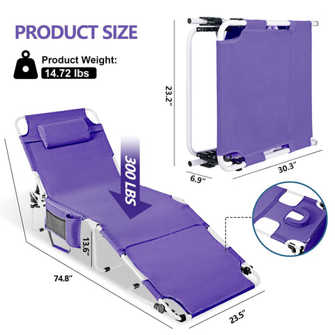 LONGTENW tanning chair with 5 level backrest adapts to lying, leaning, or sitting.