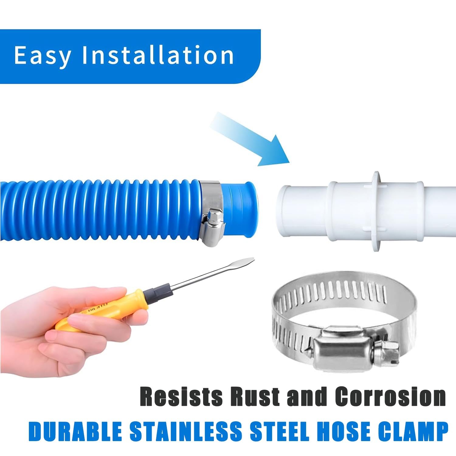 LonlyEagle stainless steel clamps securing a pool hose connection.