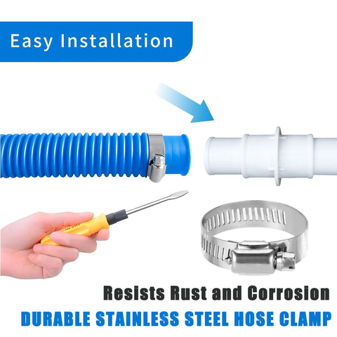 LonlyEagle stainless steel clamps securing a pool hose connection.