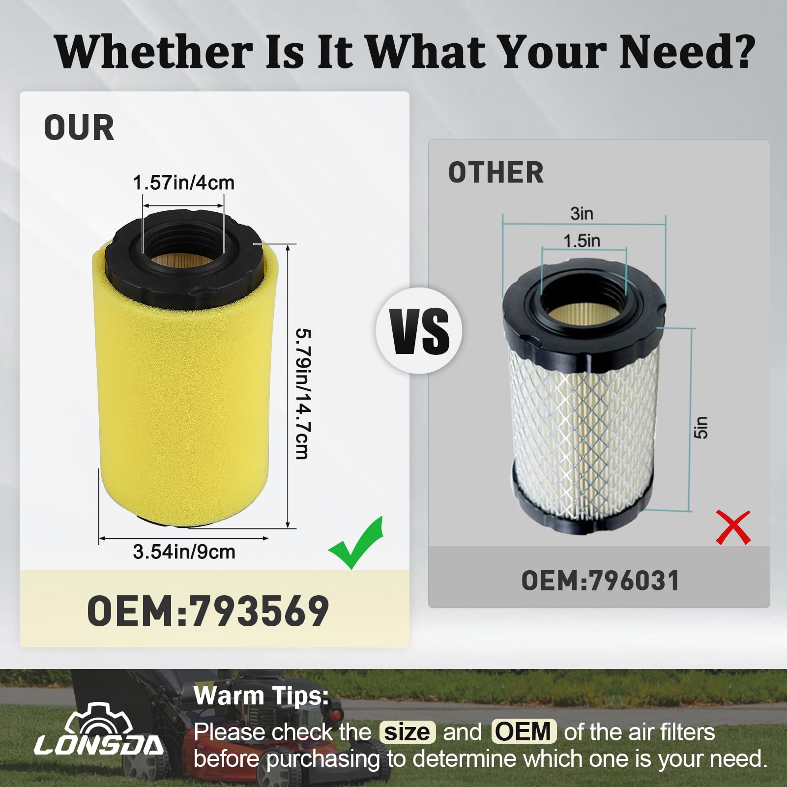 Lonsda air filter installation close-up shows sturdy media and fit.