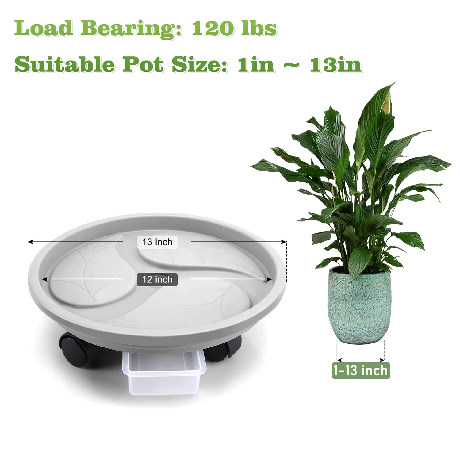 Rolling planter dolly supports pots up to 150 pounds without floor damage