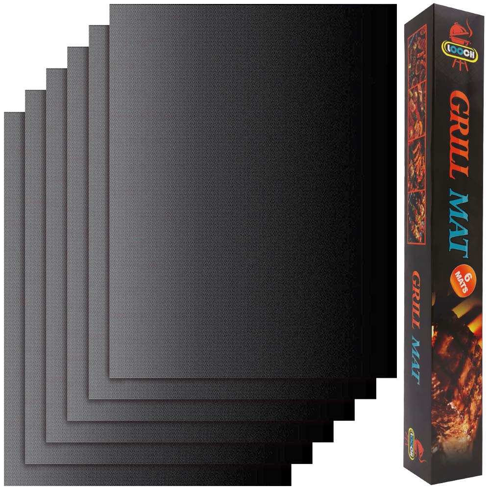 LOOCH Grill Mat set on a gas grill preventing sticking and making cleanup easy.