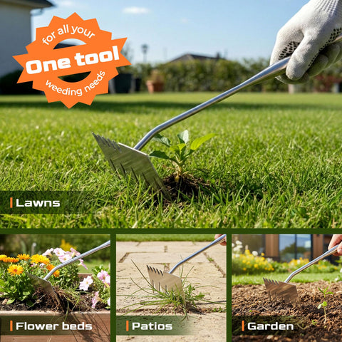 LOOHOI multi-purpose garden tool handles weeds, loosens soil, and assists planting.