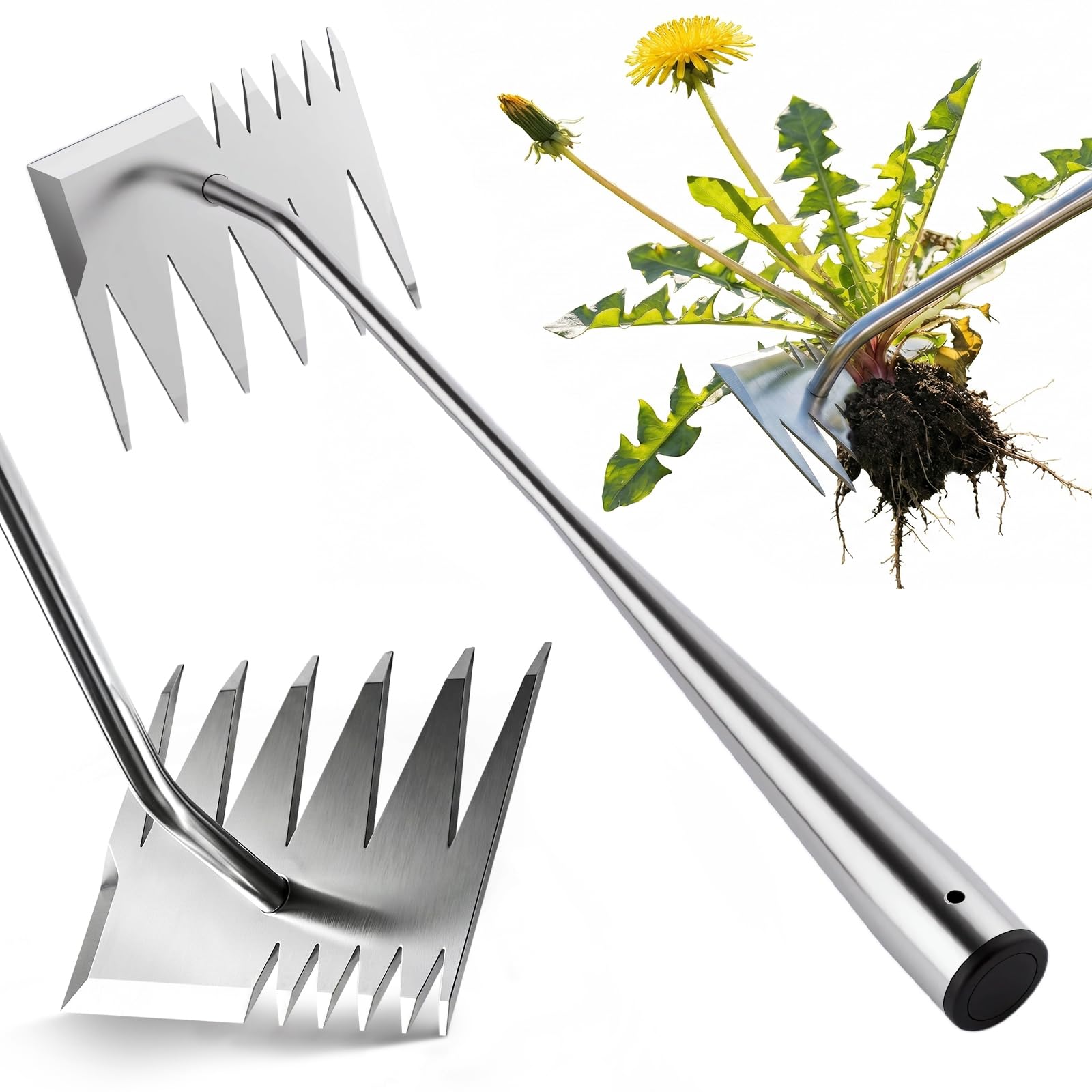LOOHOI upgraded weed puller 4-tooth head for deep root removal in gardens.