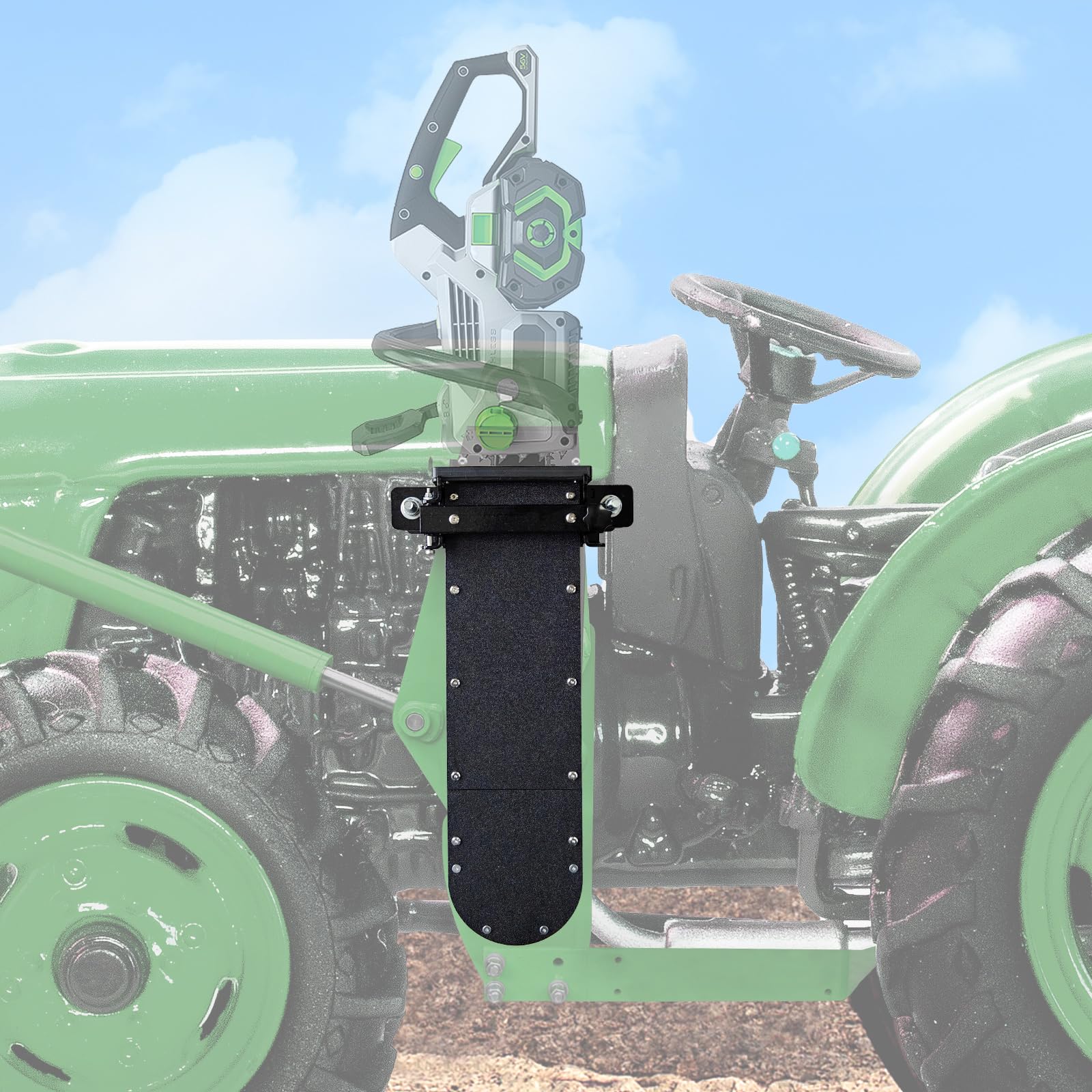 LookFox heavy-duty chainsaw holder mounted on tractor for secure on-trail storage