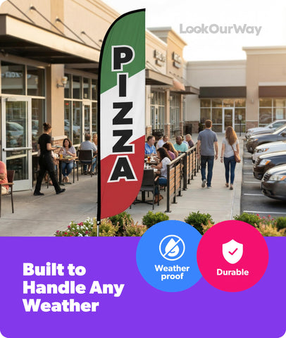 LookOurWay custom flags offer pizza-green branding options