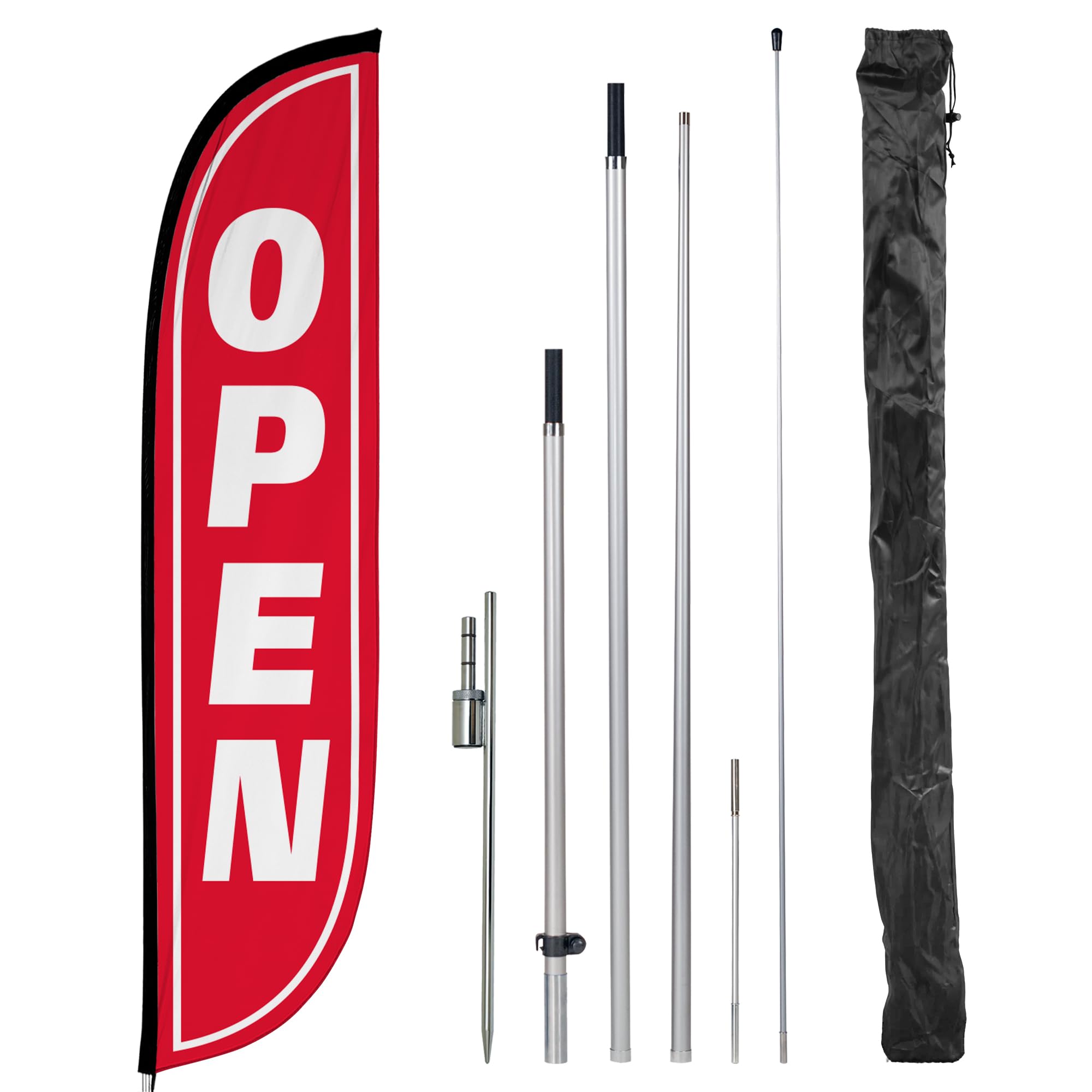 LookOurWay feather flag 12ft open banner in red and white boosts storefront visibility.