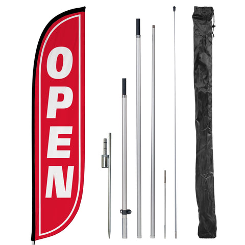 LookOurWay feather flag 12ft open banner in red and white boosts storefront visibility.