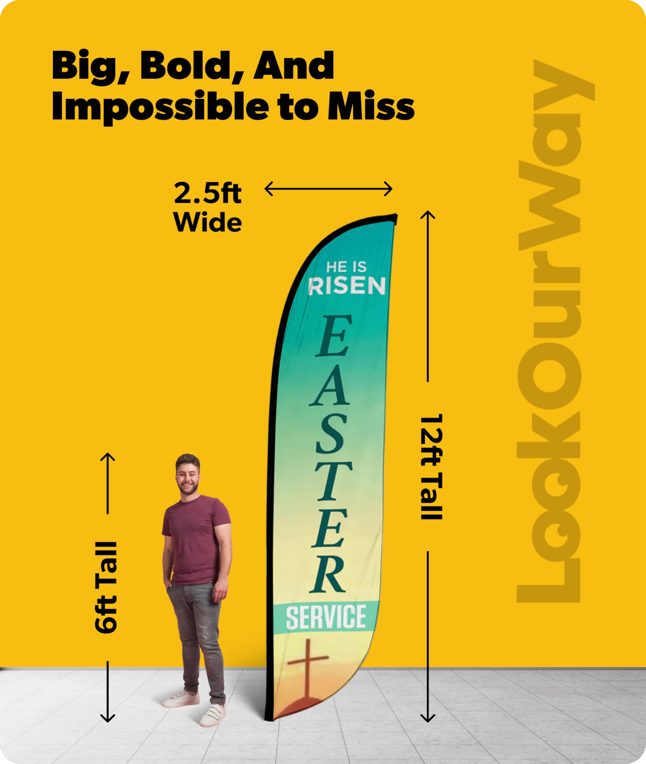 LookOurWay feather flag made of durable polyester for long-lasting outdoor use.