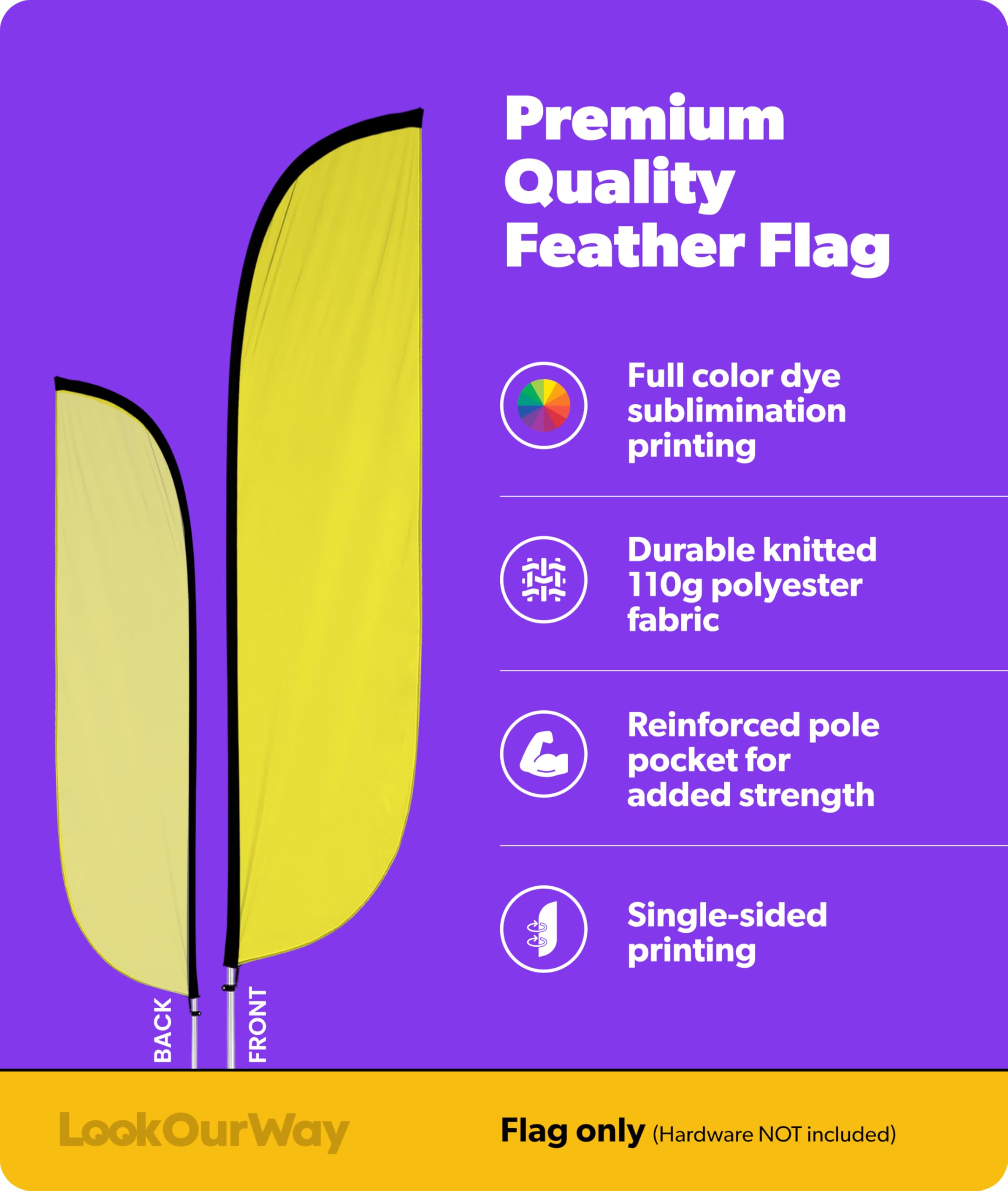 LookOurWay yellow feather flag banners waving for high visibility at events.
