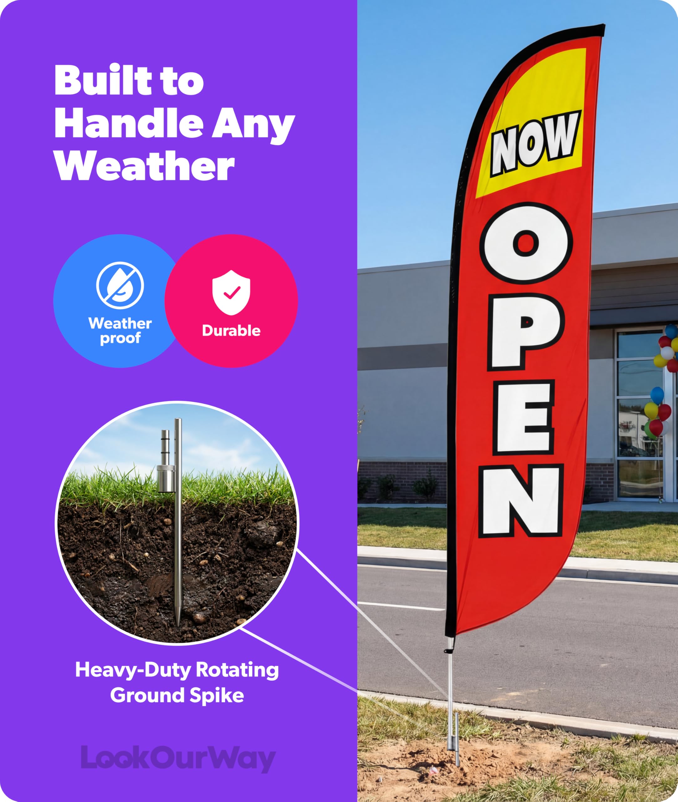 LookOurWay outdoor advertising flag delivers weather resistant, high visibility.