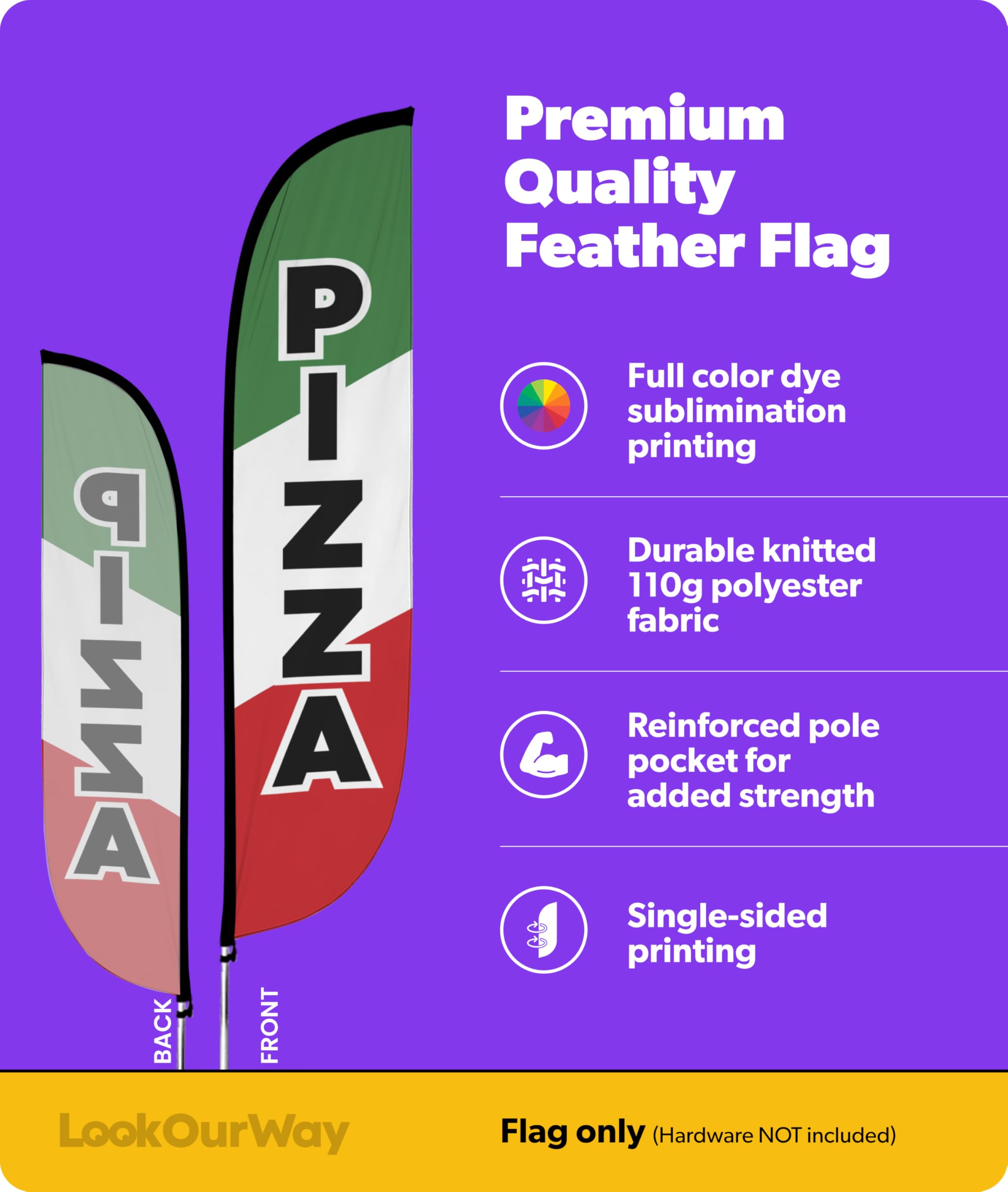 LookOurWay pizza-green flag banner catches attention in outdoor dining settings