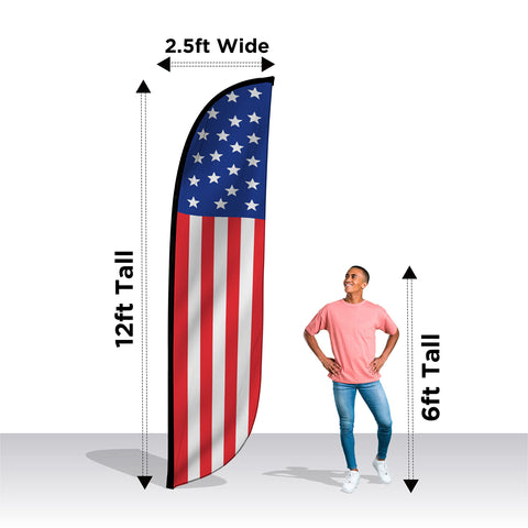LookOurWay swooper flag storefront 12ft promotes promotions with bold colors.