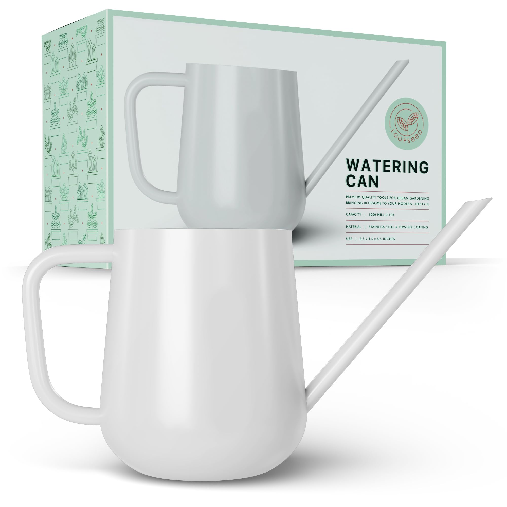 LOOPSEED metal watering can with white finish for indoor plant care