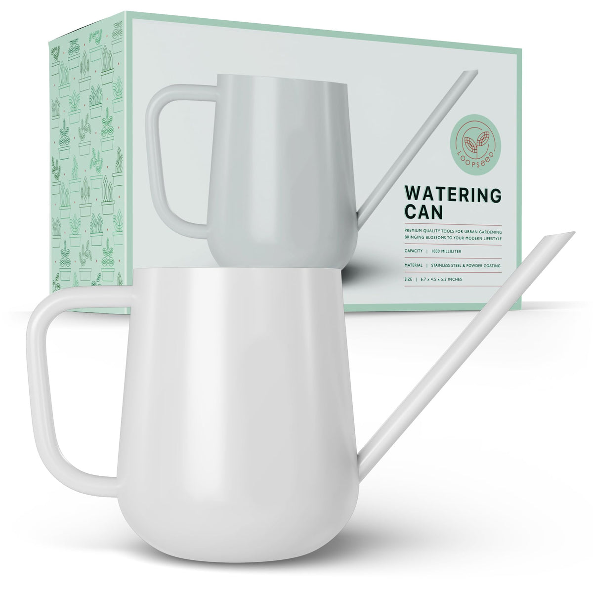 LOOPSEED metal watering can with white finish for indoor plant care