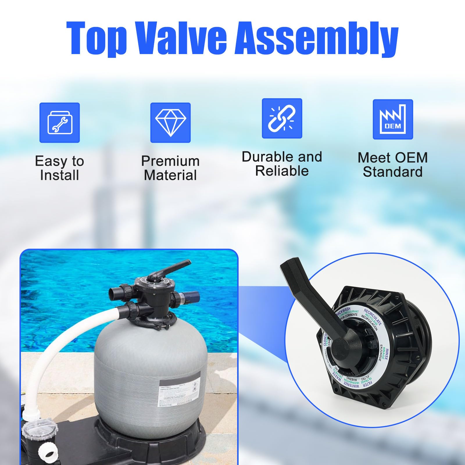 Loosoo top valve highlighting durable polypropylene and steel construction.
