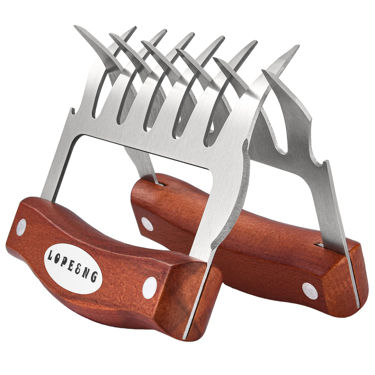LOPE & NG meat handler shredder claws set with wooden handles for safe shredding of hot meats.