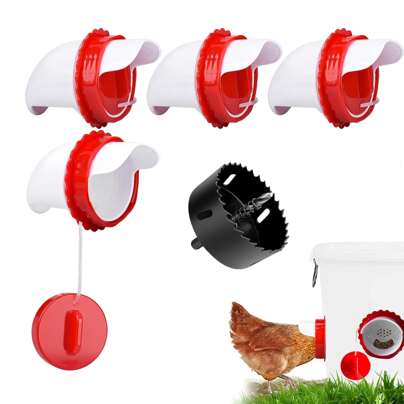 Lopopvsys chicken feeder port kit 4-pack shown for spill-free feeding and auto cups