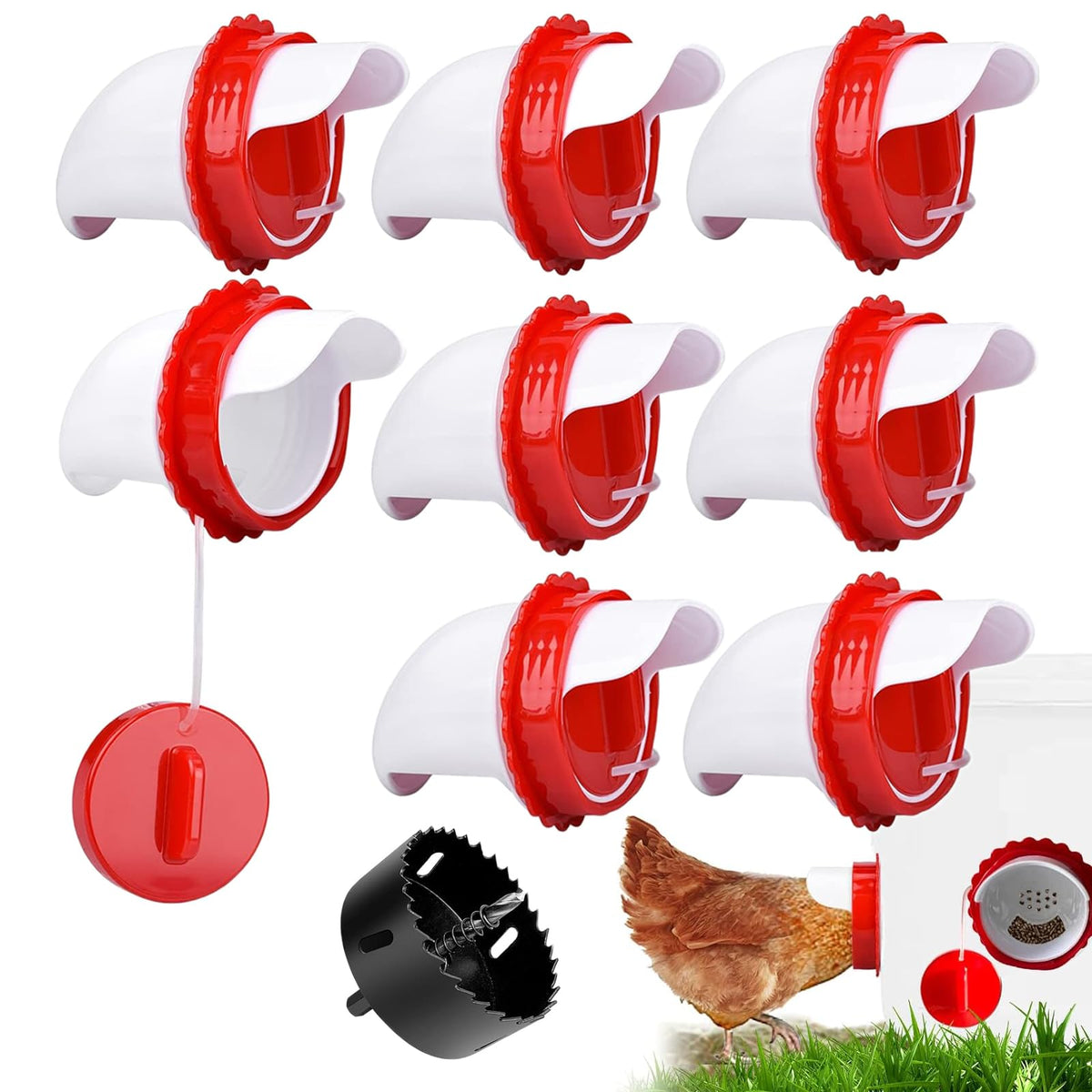 lopopvsys chicken feeder port kit 8-pack installed on a bucket for mess-free feeding