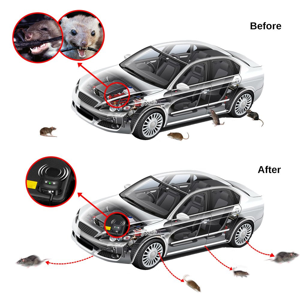 Loraffe LED strobe and ultrasonic waves deter rodents around the engine bay.