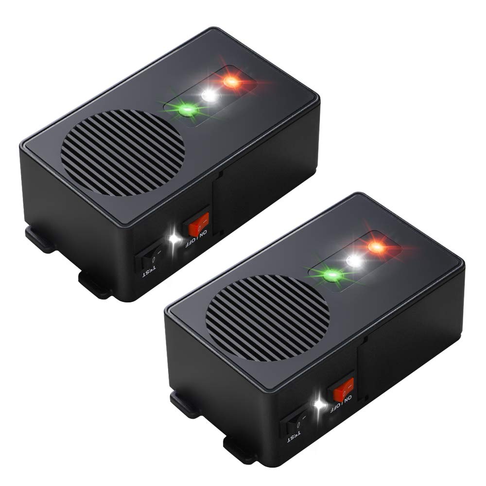 Loraffe ultrasonic rodent deterrent under hood with LED strobe deters mice in engines.