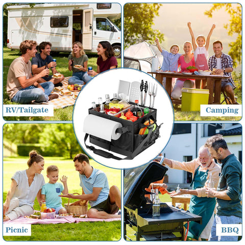 Lorbro grill caddy multi-pocket design for picnics and barbecues.