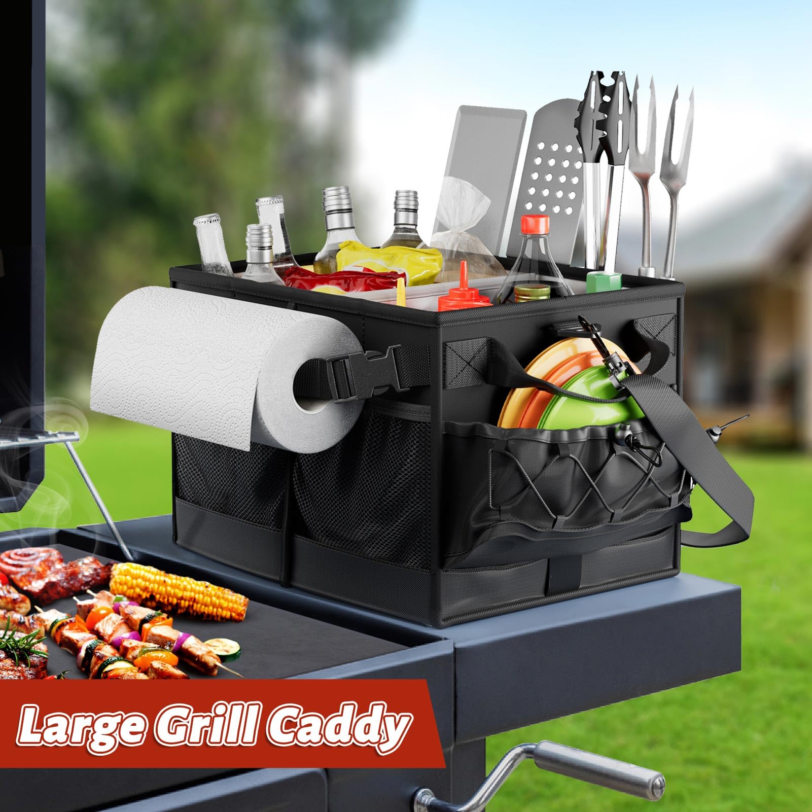 Lorbro grill caddy utensil slots keep tools within easy reach.